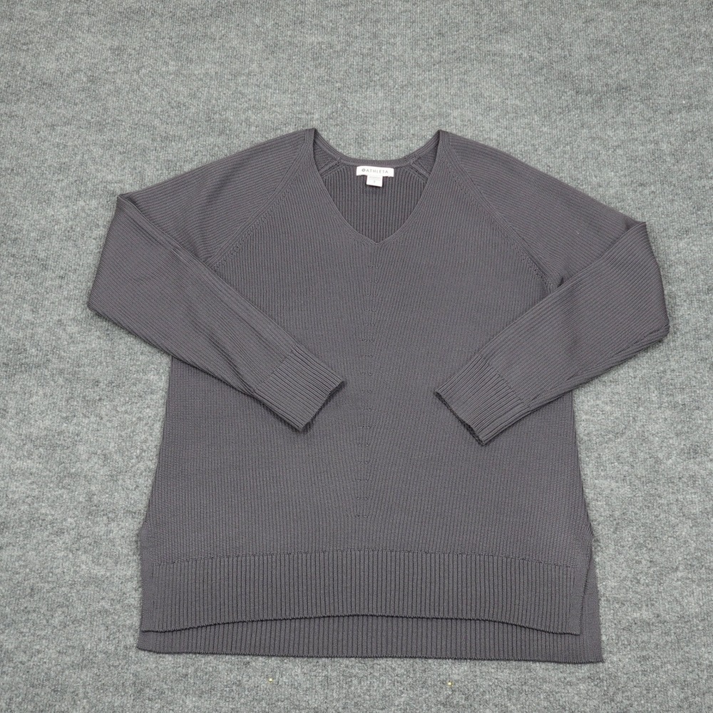 Athleta Sweater Womens Small Gray Hanover V-Neck Merino Wool Blend Ribbed Knit